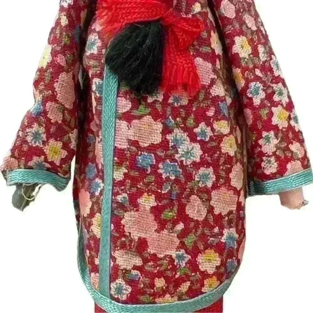 VTG Mid Century Handmade Painted Chinese Peg Doll with Red Floral Robe